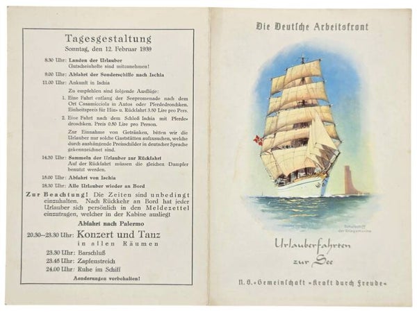 Original WW2 German KDF Document - NS Gemeinschaft Kraft durch Freude, Norddeutscher Lloyd Bremen, SS Sierra Cordoba, menu card, Marine-Ehrenmal Laboe (1939)