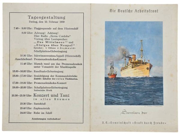 Original WW2 German KDF Document - NS Gemeinschaft Kraft durch Freude, Norddeutscher Lloyd Bremen, SS Sierra Cordoba, menu card (1939)