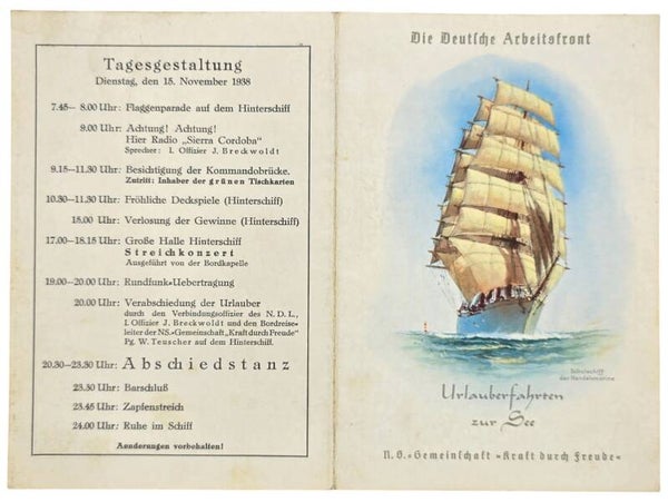 Original WW2 German KDF Document - NS Gemeinschaft Kraft durch Freude, Norddeutscher Lloyd Bremen, SS Sierra Cordoba, menu card (1938)