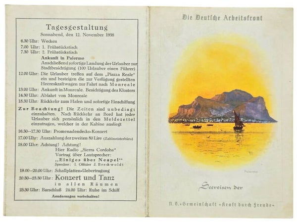 Original WW2 German KDF Document - NS Gemeinschaft Kraft durch Freude, Norddeutscher Lloyd Bremen, SS Sierra Cordoba, menu card, Palermo (1938)