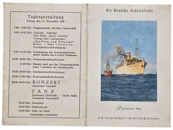 Original WW2 German KDF Document - NS Gemeinschaft Kraft durch Freude, Norddeutscher Lloyd Bremen, SS Sierra Cordoba, menu card (1938)