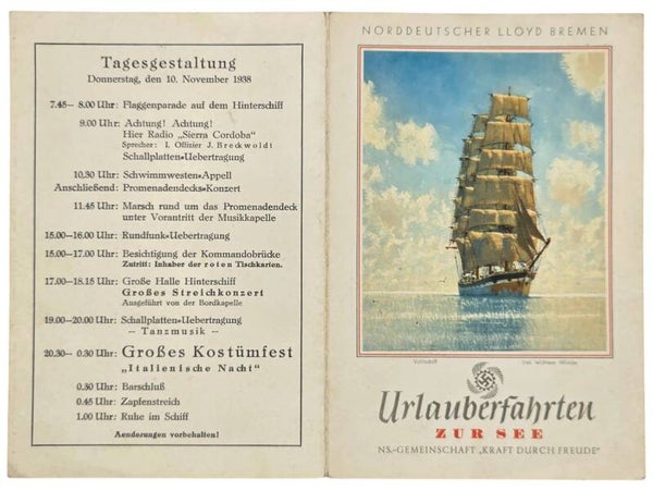 Original WW2 German KDF Document - NS Gemeinschaft Kraft durch Freude, Norddeutscher Lloyd Bremen, SS Sierra Cordoba, menu card (1938)