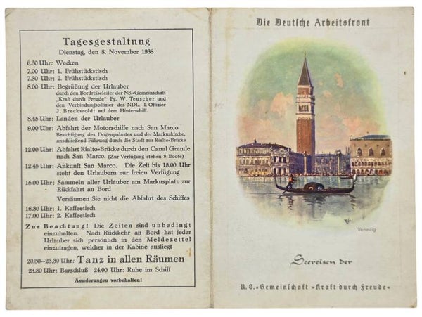 Original WW2 German KDF Document - NS Gemeinschaft Kraft durch Freude, Norddeutscher Lloyd Bremen, SS Sierra Cordoba, menu card, Venice (1938)