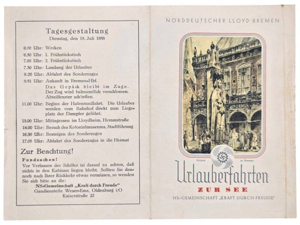 Original WW2 German KDF Document - NS Gemeinschaft Kraft durch Freude, Norddeutscher Lloyd Bremen, SS Sierra Cordoba, menu card (1938)