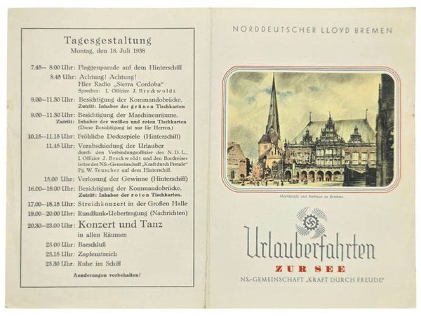 Original WW2 German KDF Document - NS Gemeinschaft Kraft durch Freude, Norddeutscher Lloyd Bremen, SS Sierra Cordoba, menu card (1938)