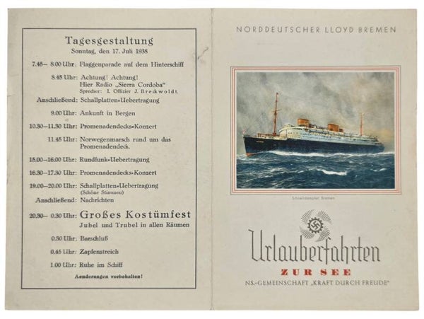 Original WW2 German KDF Document - NS Gemeinschaft Kraft durch Freude, Norddeutscher Lloyd Bremen, SS Sierra Cordoba, menu card (1938)