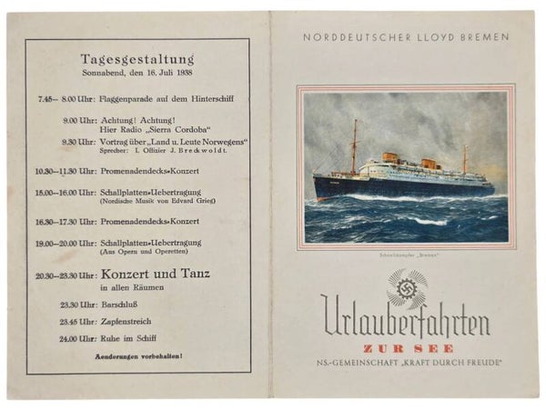 Original WW2 German KDF Document - NS Gemeinschaft Kraft durch Freude, Norddeutscher Lloyd Bremen, SS Sierra Cordoba, menu card (1938)