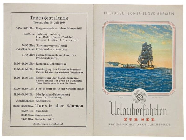 Original WW2 German KDF Document - NS Gemeinschaft Kraft durch Freude, Norddeutscher Lloyd Bremen, SS Sierra Cordoba, menu card (1938)