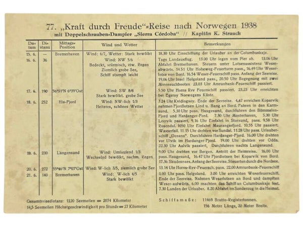 Original WW2 German KDF Document - NS Gemeinschaft Kraft durch Freude, Norddeutscher Lloyd Bremen, SS Sierra Cordoba, Programm (1938)