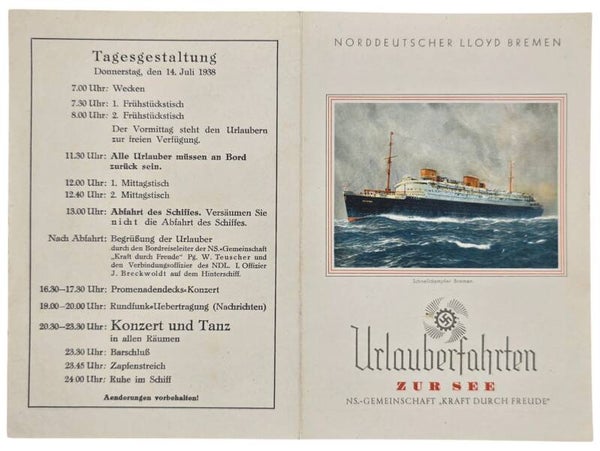 Original WW2 German KDF Document - NS Gemeinschaft Kraft durch Freude, Norddeutscher Lloyd Bremen, SS Sierra Cordoba, menu card (1938)