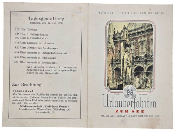 Original WW2 German KDF Document - NS Gemeinschaft Kraft durch Freude, Norddeutscher Lloyd Bremen, SS Sierra Cordoba, menu card (1938)