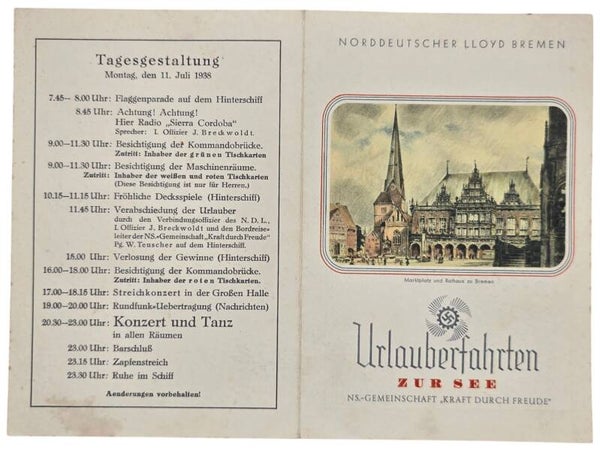 Original WW2 German KDF Document - NS Gemeinschaft Kraft durch Freude, Norddeutscher Lloyd Bremen, SS Sierra Cordoba, menu card (1938)
