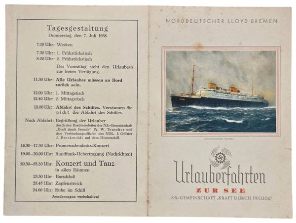 Original WW2 German KDF Document - NS Gemeinschaft Kraft durch Freude, Norddeutscher Lloyd Bremen, SS Sierra Cordoba, menu card (1938)