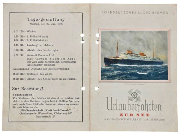 Original WW2 German KDF Document - NS Gemeinschaft Kraft durch Freude, Norddeutscher Lloyd Bremen, SS Sierra Cordoba, menu card (1938)