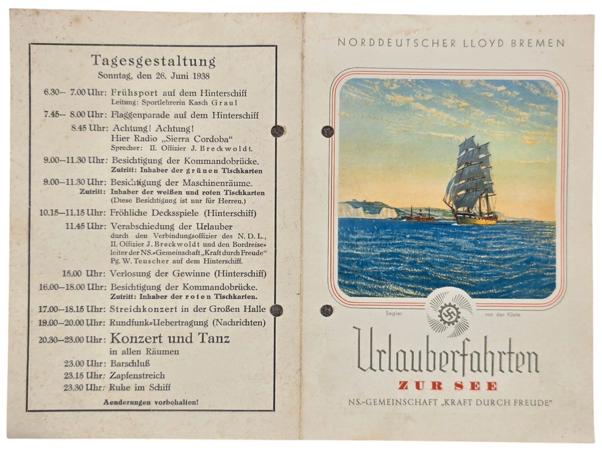 Original WW2 German KDF Document - NS Gemeinschaft Kraft durch Freude, Norddeutscher Lloyd Bremen, SS Sierra Cordoba, menu card (1938)