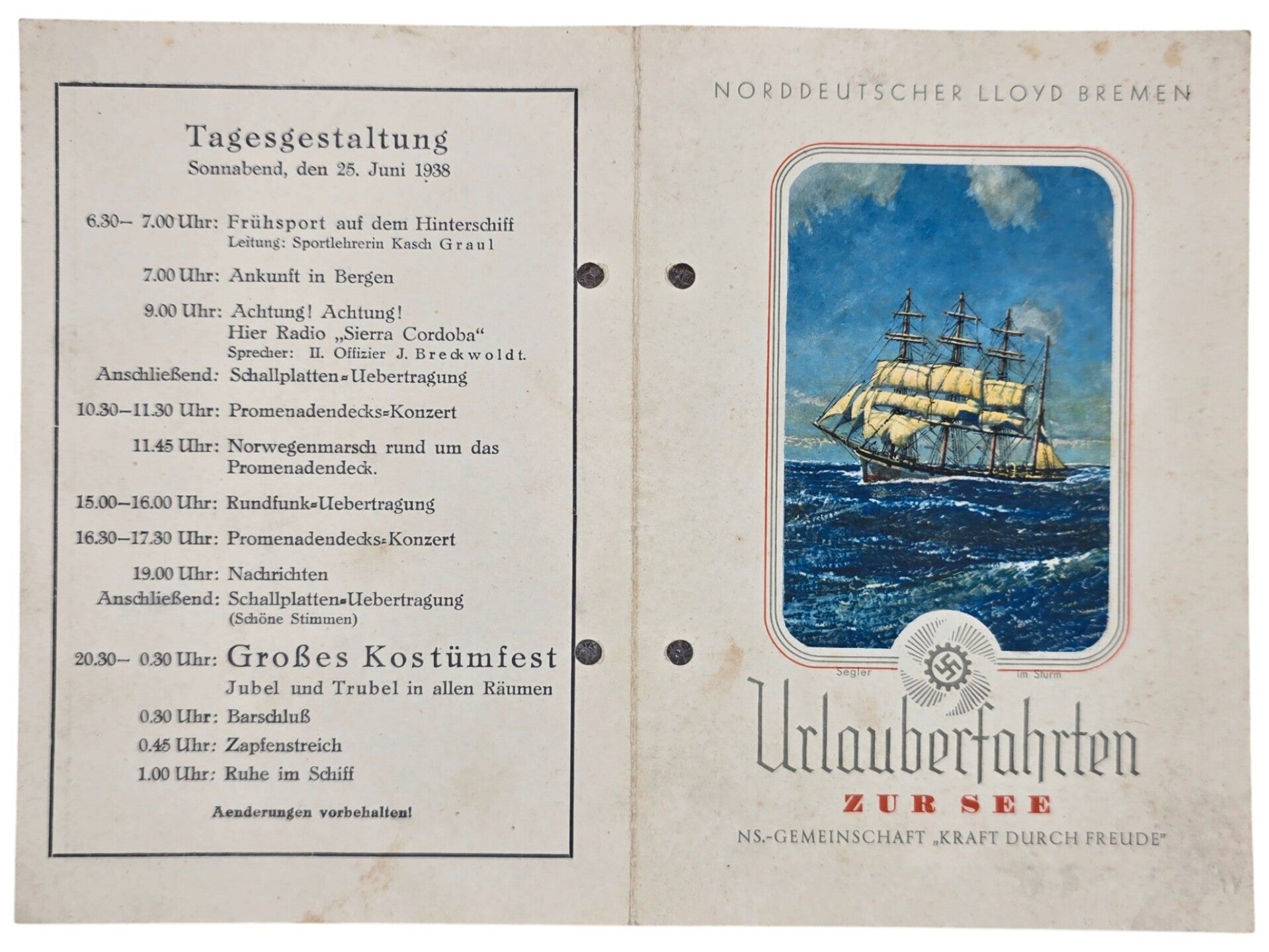 Original WW2 German KDF Document - NS Gemeinschaft Kraft durch Freude, Norddeutscher Lloyd Bremen, SS Sierra Cordoba, menu card (1938)