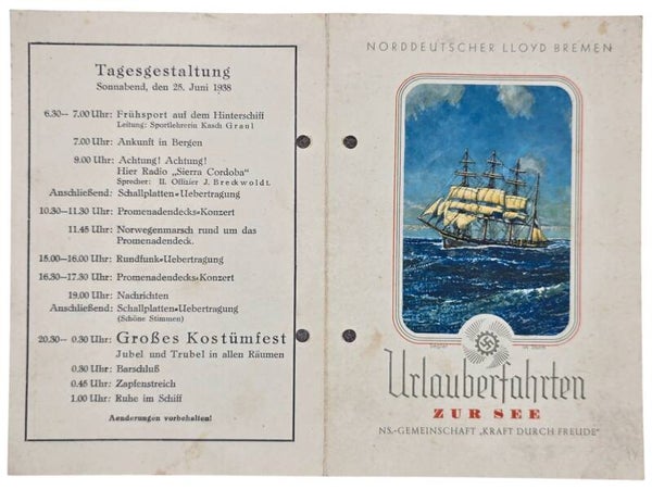Original WW2 German KDF Document - NS Gemeinschaft Kraft durch Freude, Norddeutscher Lloyd Bremen, SS Sierra Cordoba, menu card (1938)