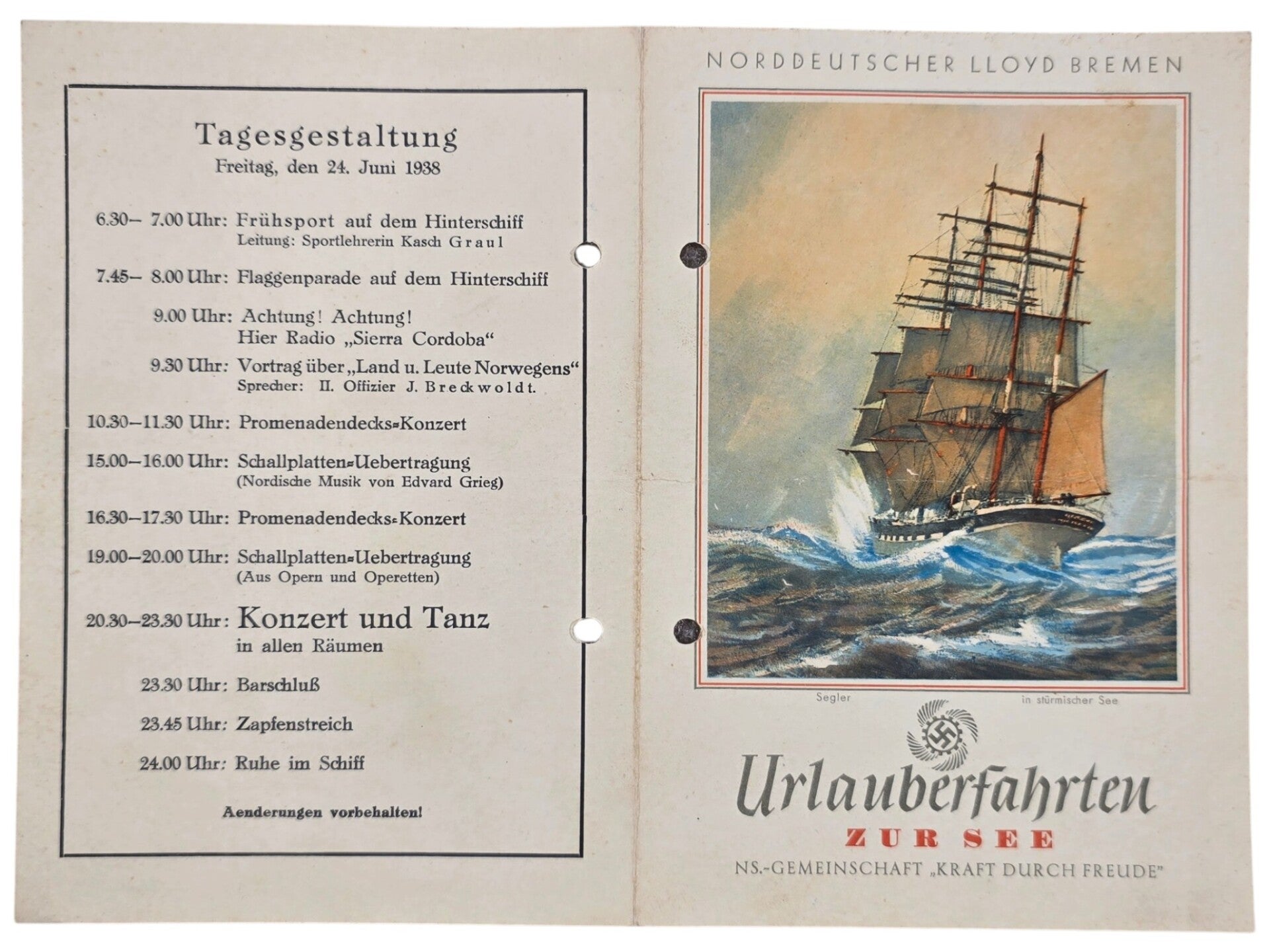 Original WW2 German KDF Document - NS Gemeinschaft Kraft durch Freude, Norddeutscher Lloyd Bremen, SS Sierra Cordoba, menu card (1938)