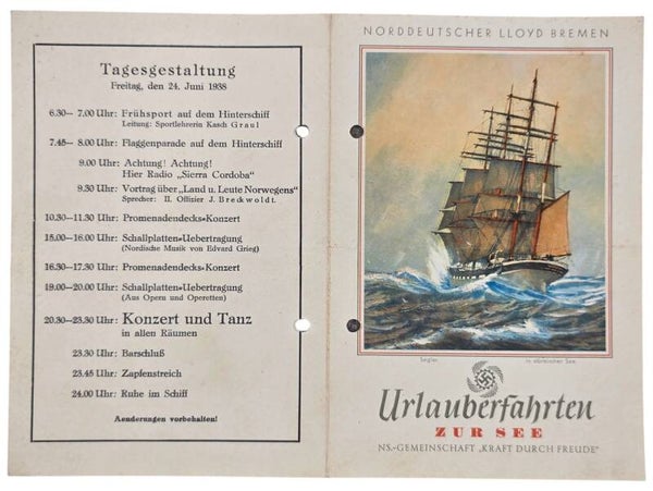 Original WW2 German KDF Document - NS Gemeinschaft Kraft durch Freude, Norddeutscher Lloyd Bremen, SS Sierra Cordoba, menu card (1938)