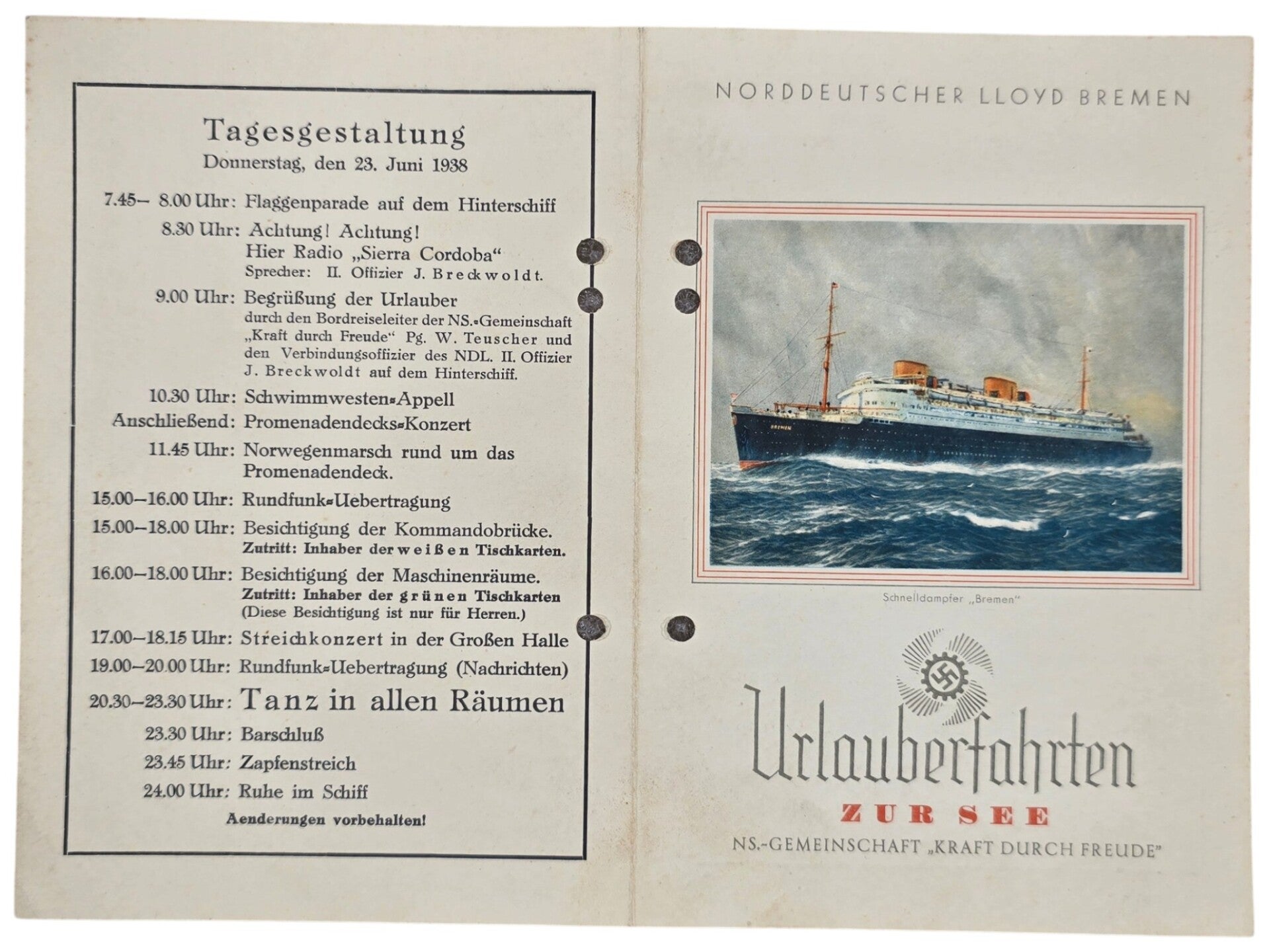 Original WW2 German KDF Document - NS Gemeinschaft Kraft durch Freude, Norddeutscher Lloyd Bremen, SS Sierra Cordoba, menu card (1938)