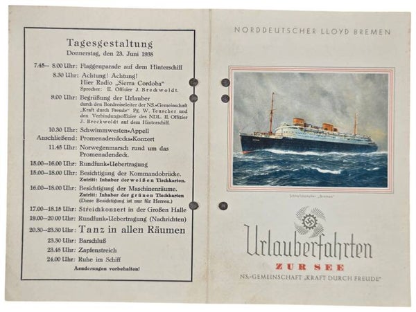 Original WW2 German KDF Document - NS Gemeinschaft Kraft durch Freude, Norddeutscher Lloyd Bremen, SS Sierra Cordoba, menu card (1938)