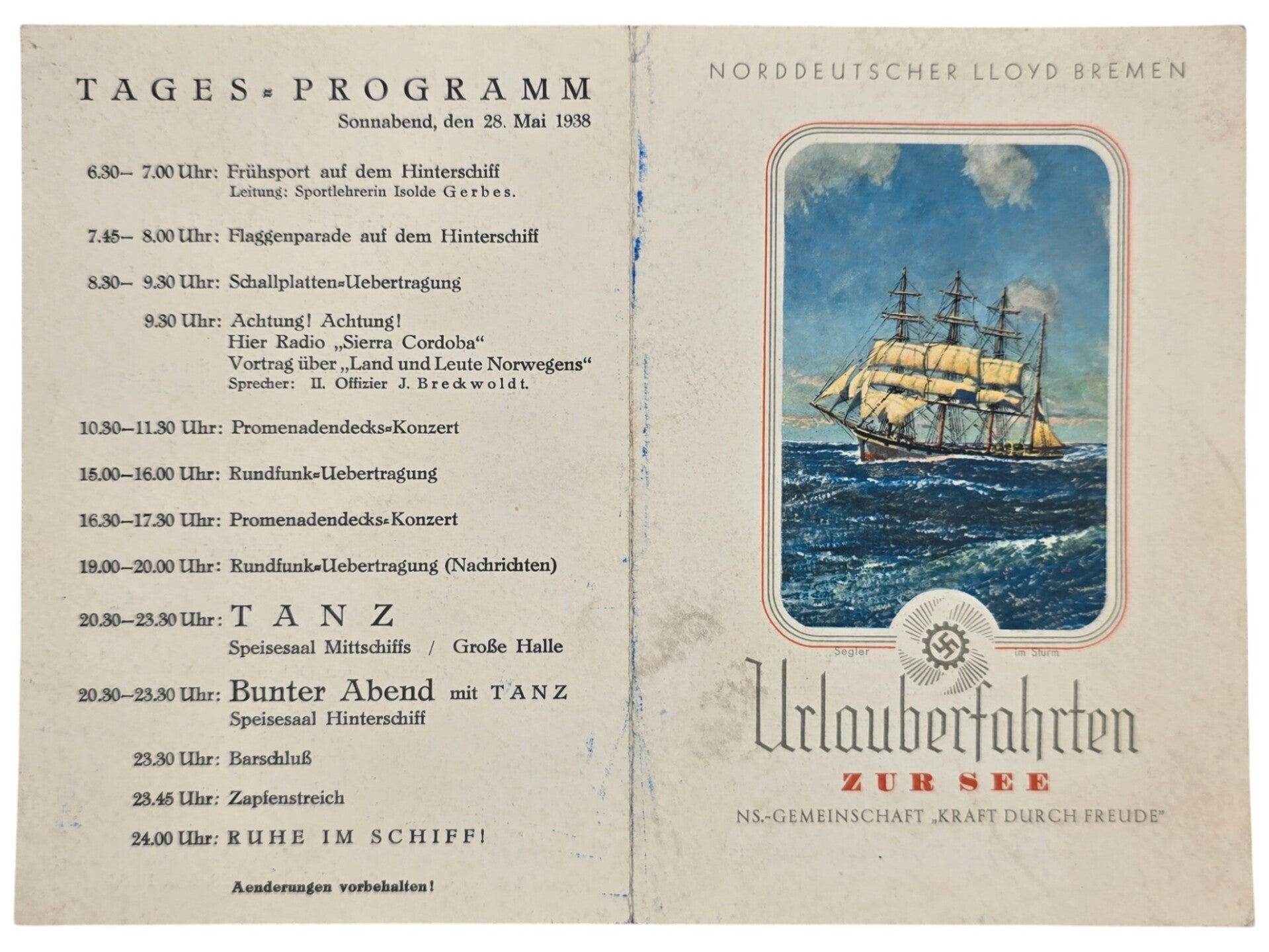 Original WW2 German KDF Document - NS Gemeinschaft Kraft durch Freude, Norddeutscher Lloyd Bremen, SS Sierra Cordoba, menu card (1938)
