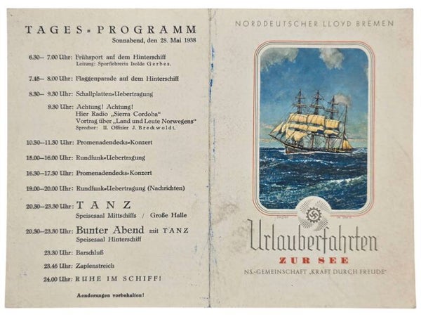 Original WW2 German KDF Document - NS Gemeinschaft Kraft durch Freude, Norddeutscher Lloyd Bremen, SS Sierra Cordoba, menu card (1938)