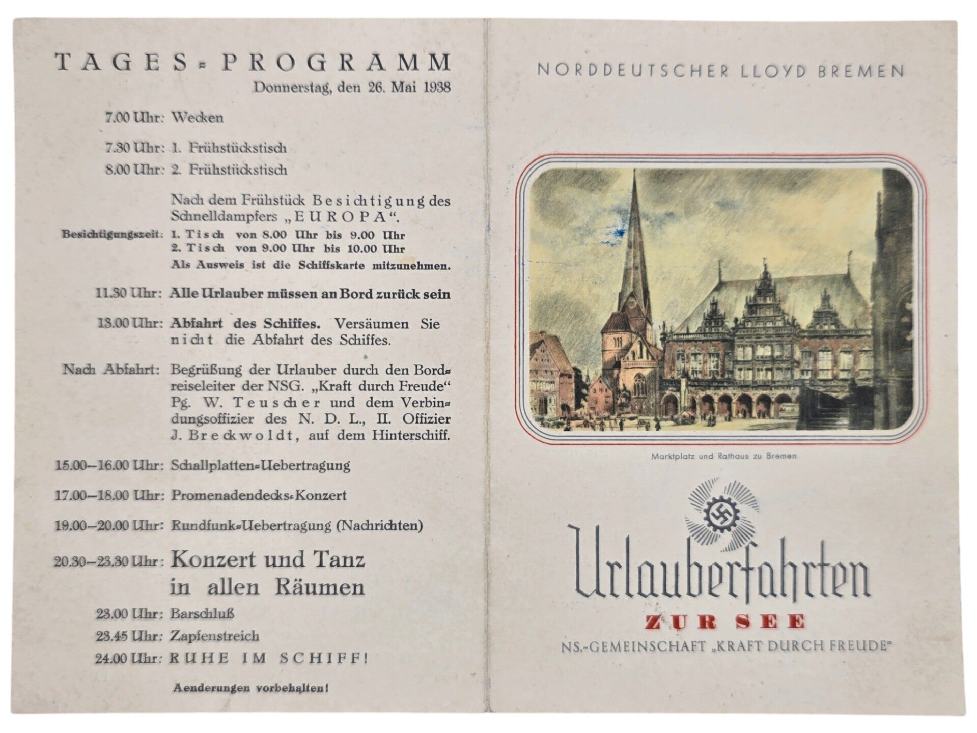 Original WW2 German KDF Document - NS Gemeinschaft Kraft durch Freude, Norddeutscher Lloyd Bremen, SS Sierra Cordoba, menu card (1938)