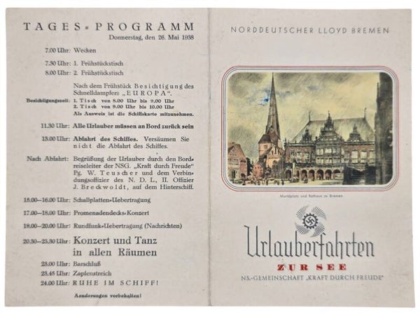 Original WW2 German KDF Document - NS Gemeinschaft Kraft durch Freude, Norddeutscher Lloyd Bremen, SS Sierra Cordoba, menu card (1938)