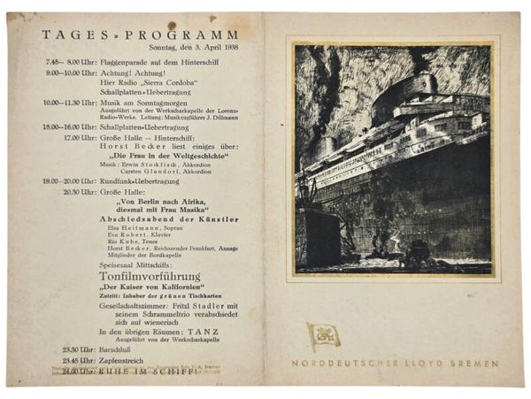 Original WW2 German KDF Document - NS Gemeinschaft Kraft durch Freude, Norddeutscher Lloyd Bremen, SS Sierra Cordoba, menu card (1938)