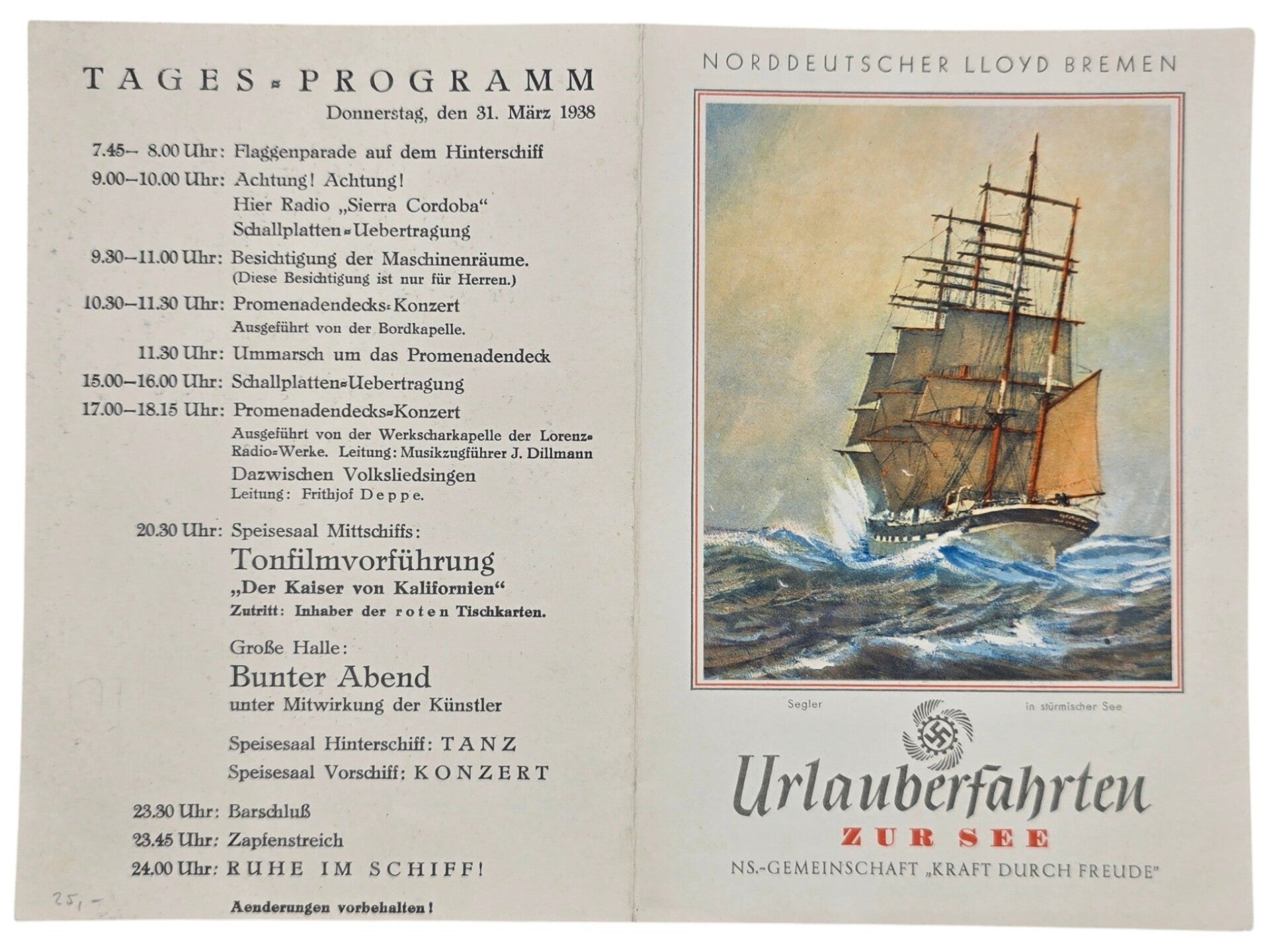 Original WW2 German KDF Document - NS Gemeinschaft Kraft durch Freude, Norddeutscher Lloyd Bremen, SS Sierra Cordoba, menu card (1938)