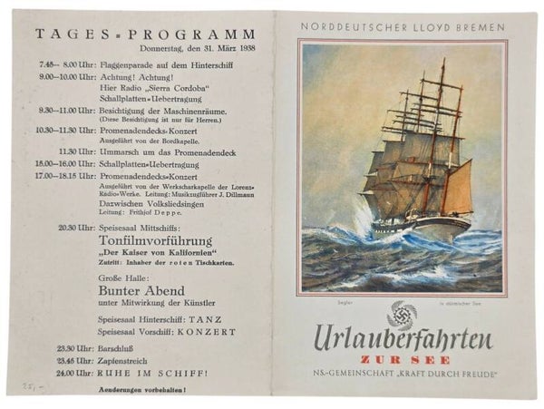 Original WW2 German KDF Document - NS Gemeinschaft Kraft durch Freude, Norddeutscher Lloyd Bremen, SS Sierra Cordoba, menu card (1938)