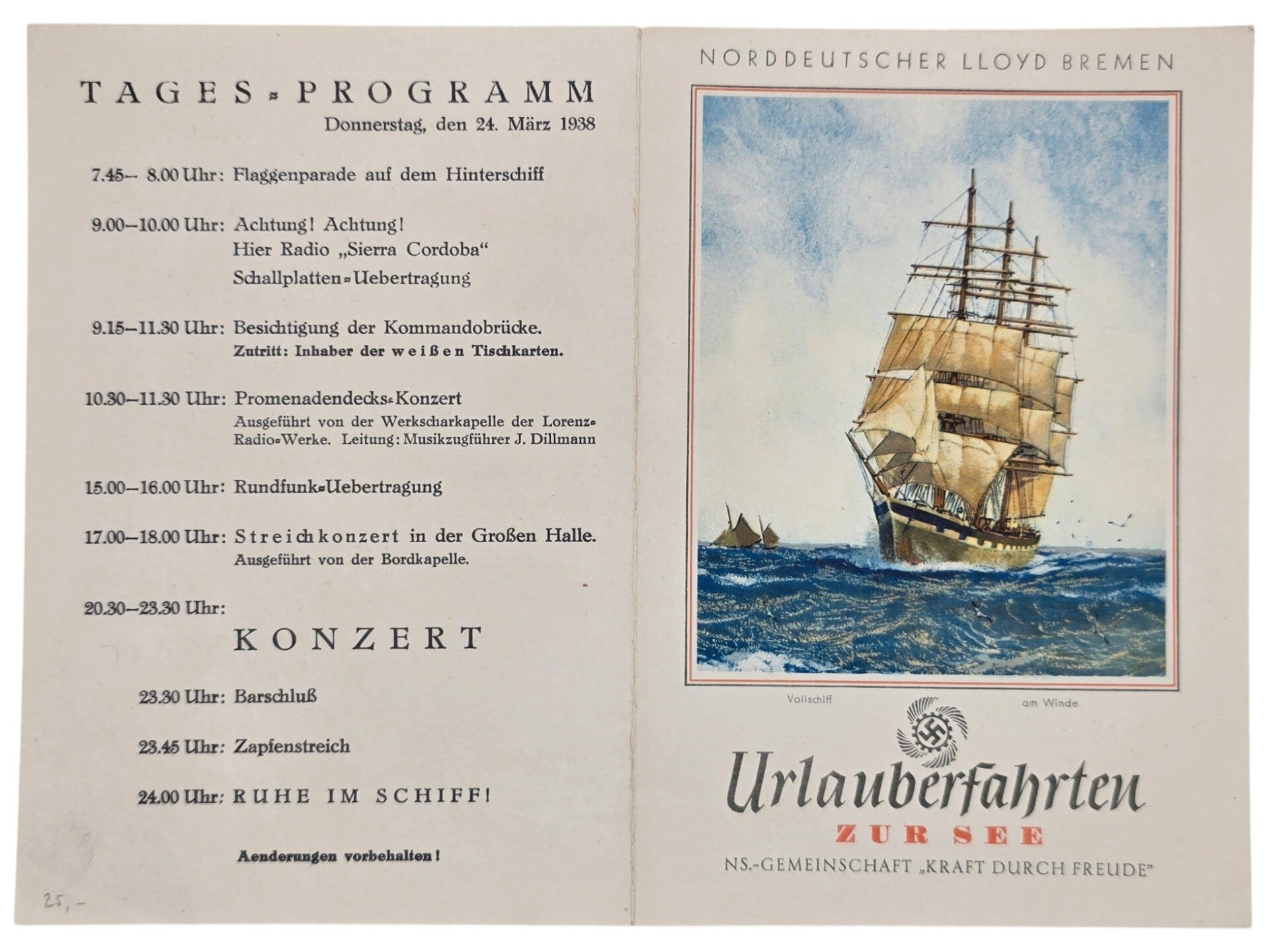 Original WW2 German KDF Document - NS Gemeinschaft Kraft durch Freude, Norddeutscher Lloyd Bremen, SS Sierra Cordoba, menu card (1938)