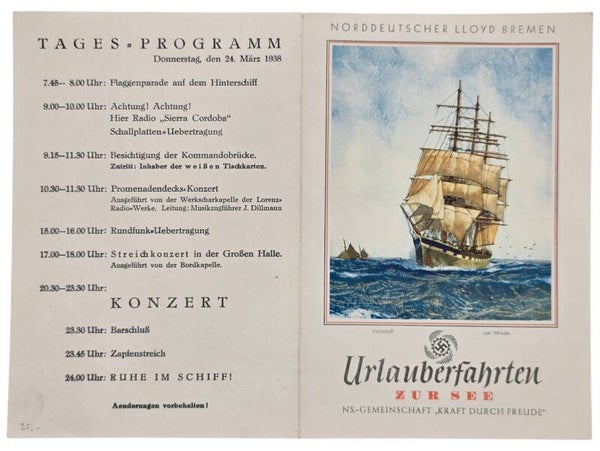 Original WW2 German KDF Document - NS Gemeinschaft Kraft durch Freude, Norddeutscher Lloyd Bremen, SS Sierra Cordoba, menu card (1938)