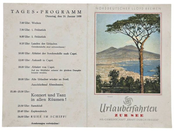Original WW2 German KDF Document - NS Gemeinschaft Kraft durch Freude, Norddeutscher Lloyd Bremen, SS Sierra Cordoba, menu card, Napels (1938)