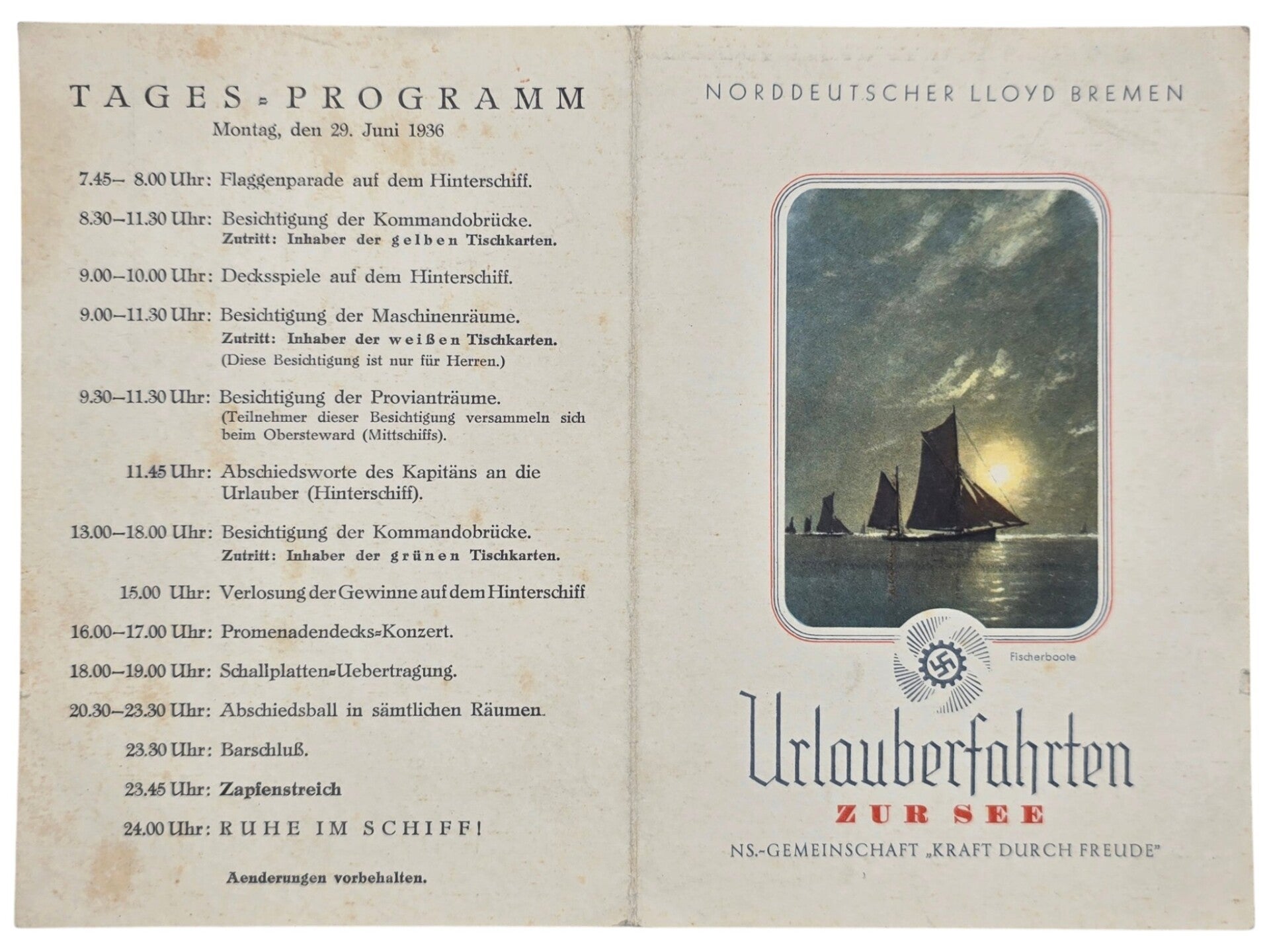 Original WW2 German KDF Document - NS Gemeinschaft Kraft durch Freude, Norddeutscher Lloyd Bremen, SS Sierra Cordoba, menu card (1936)