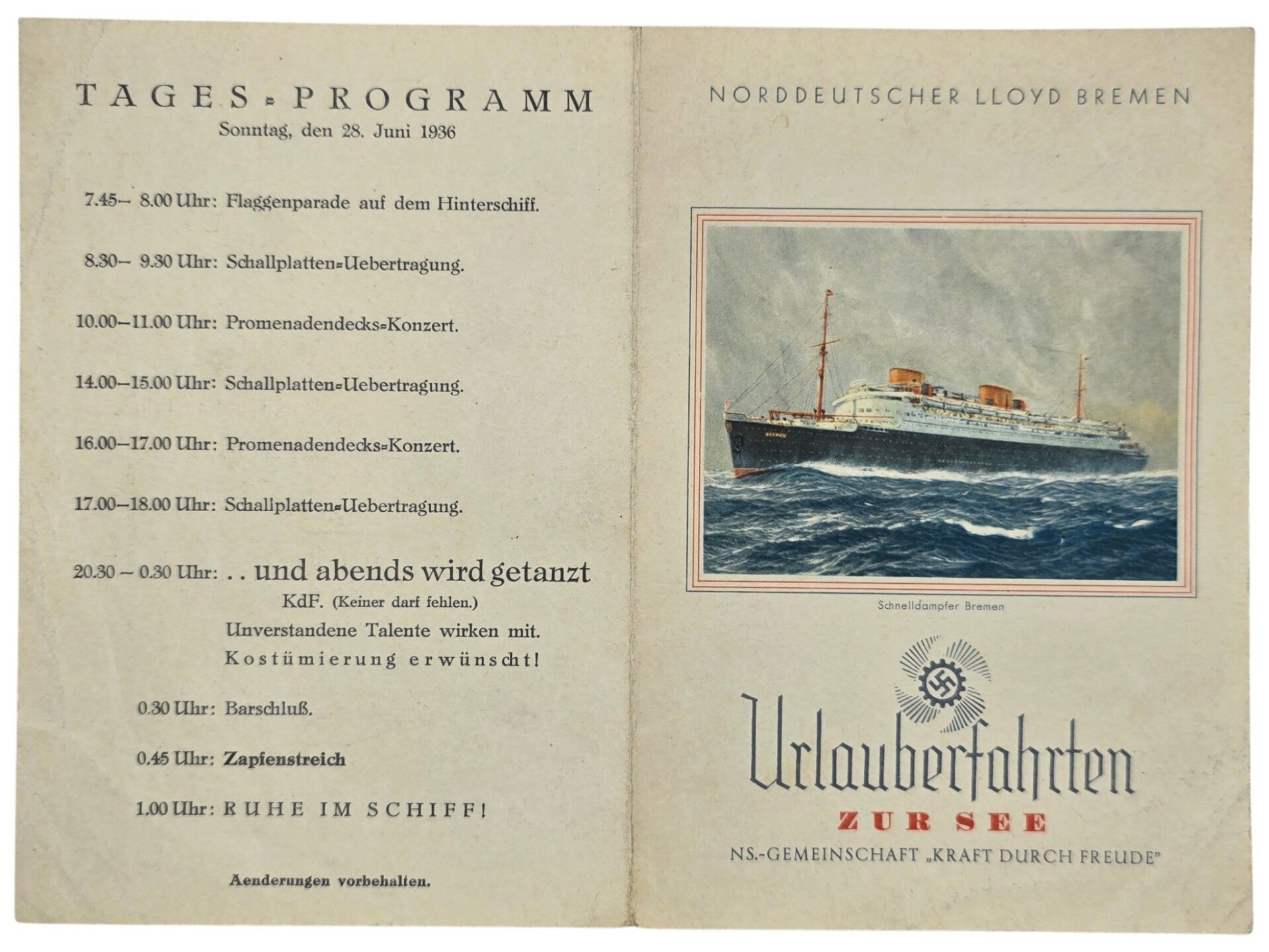 Original WW2 German KDF Document - NS Gemeinschaft Kraft durch Freude, Norddeutscher Lloyd Bremen, SS Sierra Cordoba, menu card (1936)