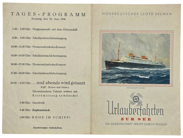 Original WW2 German KDF Document - NS Gemeinschaft Kraft durch Freude, Norddeutscher Lloyd Bremen, SS Sierra Cordoba, menu card (1936)