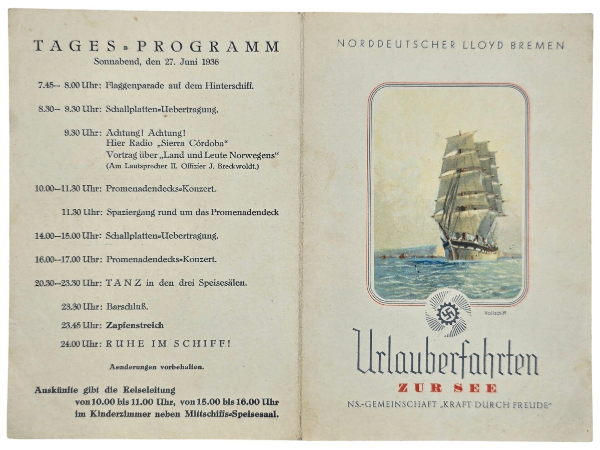 Original WW2 German KDF Document - NS Gemeinschaft Kraft durch Freude, Norddeutscher Lloyd Bremen, SS Sierra Cordoba, menu card (1936)