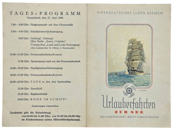 Original WW2 German KDF Document - NS Gemeinschaft Kraft durch Freude, Norddeutscher Lloyd Bremen, SS Sierra Cordoba, menu card (1936)
