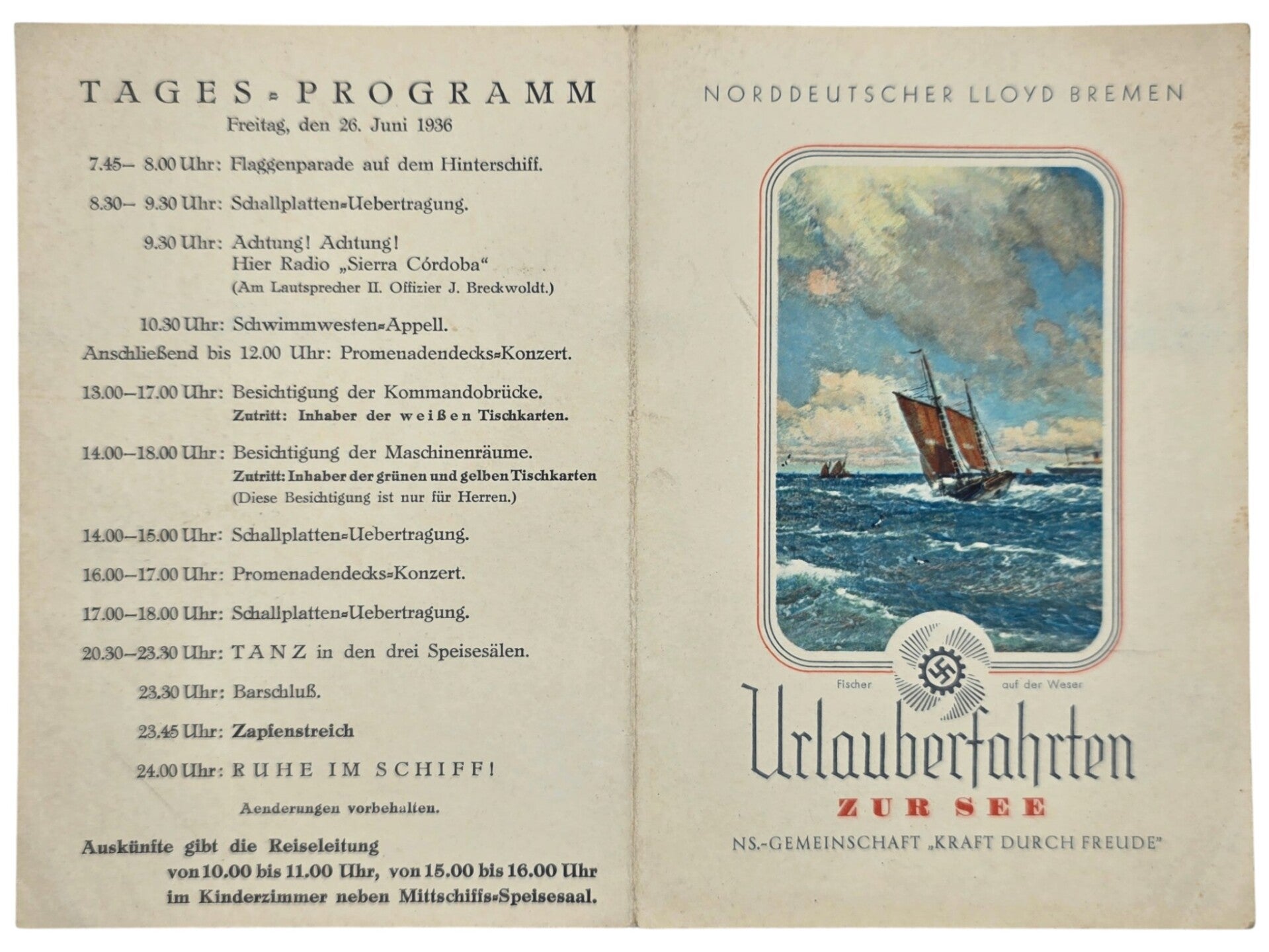 Original WW2 German KDF Document - NS Gemeinschaft Kraft durch Freude, Norddeutscher Lloyd Bremen, SS Sierra Cordoba, menu card (1936)
