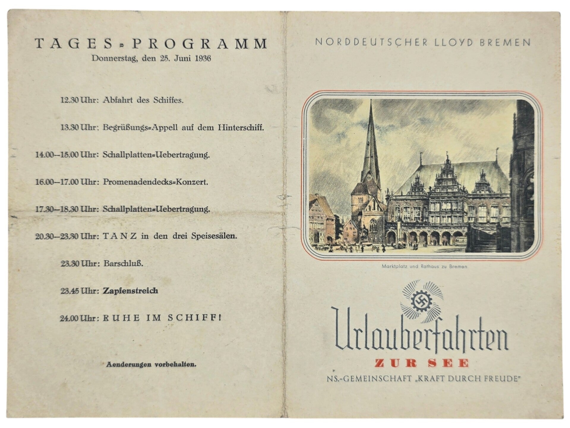 Original WW2 German KDF Document - NS Gemeinschaft Kraft durch Freude, Norddeutscher Lloyd Bremen, SS Sierra Cordoba, menu card (1936)