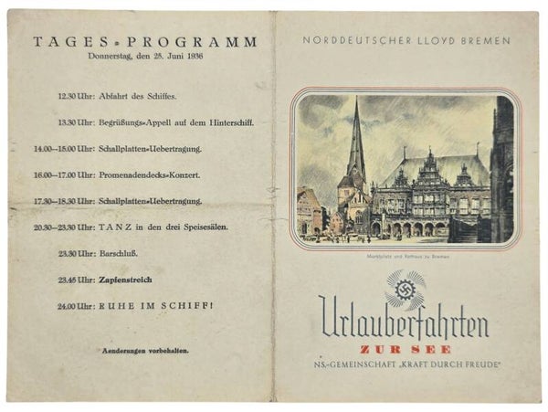Original WW2 German KDF Document - NS Gemeinschaft Kraft durch Freude, Norddeutscher Lloyd Bremen, SS Sierra Cordoba, menu card (1936)