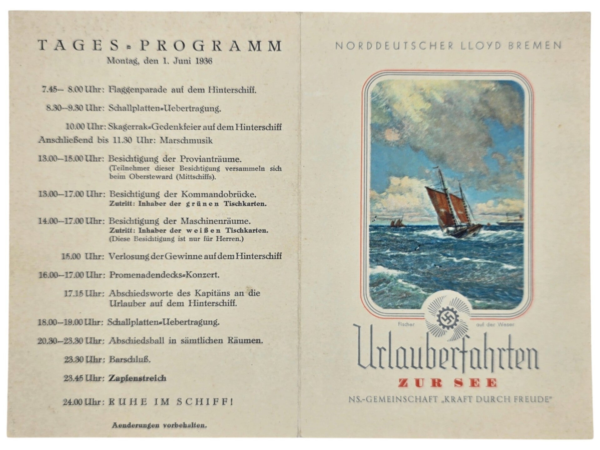 Original WW2 German KDF Document - NS Gemeinschaft Kraft durch Freude, Norddeutscher Lloyd Bremen, SS Sierra Cordoba, menu card (1936)