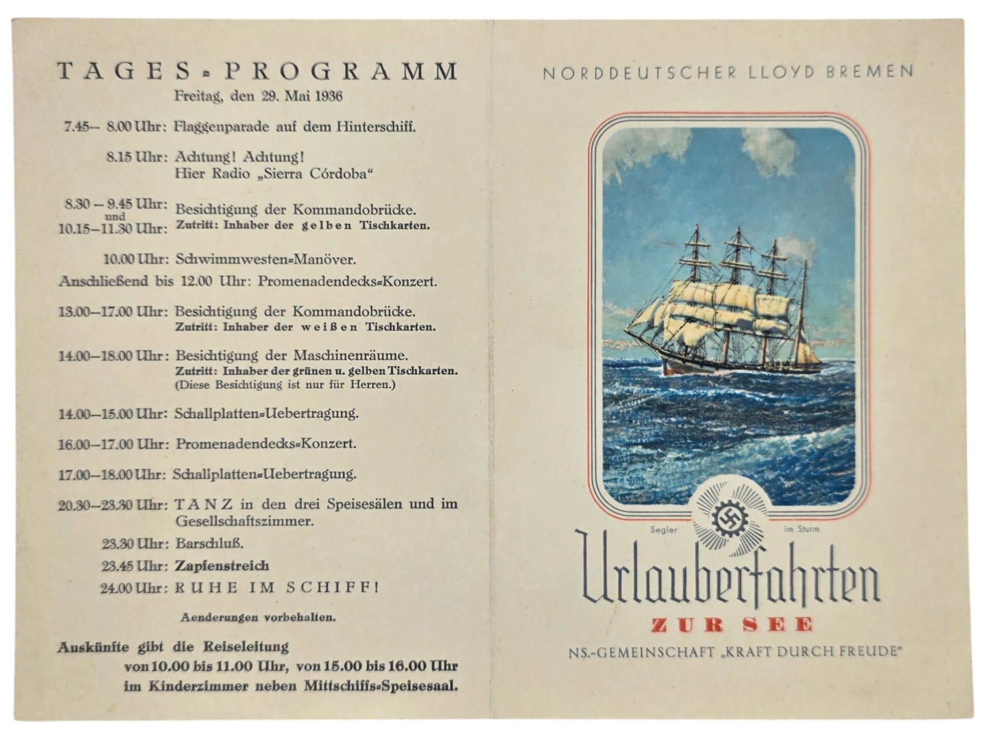 Original WW2 German KDF Document - NS Gemeinschaft Kraft durch Freude, Norddeutscher Lloyd Bremen, SS Sierra Cordoba, menu card (1936)
