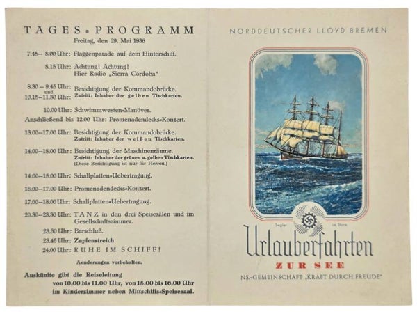Original WW2 German KDF Document - NS Gemeinschaft Kraft durch Freude, Norddeutscher Lloyd Bremen, SS Sierra Cordoba, menu card (1936)