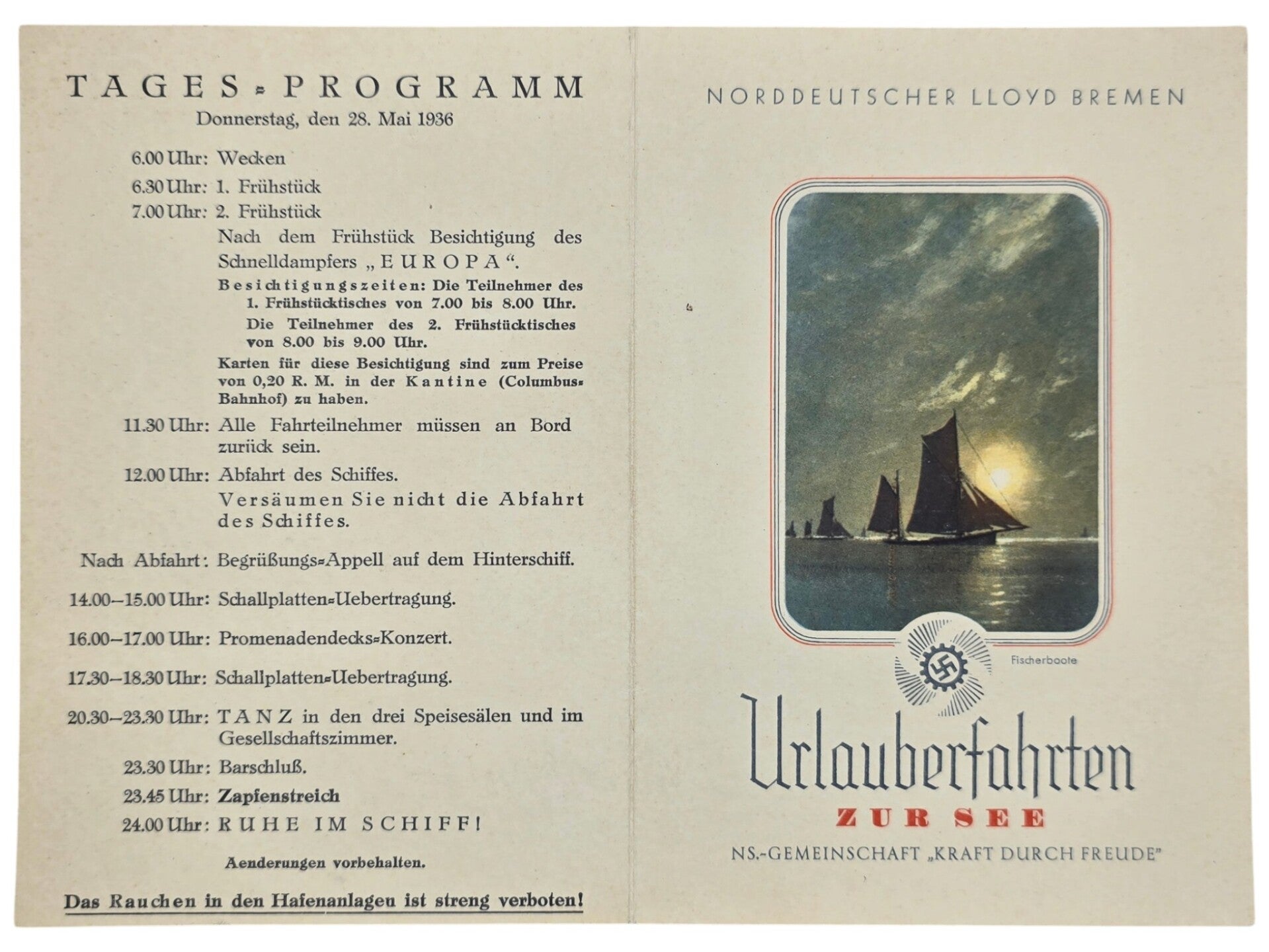 Original WW2 German KDF Document - NS Gemeinschaft Kraft durch Freude, Norddeutscher Lloyd Bremen, SS Sierra Cordoba, menu card (1936)