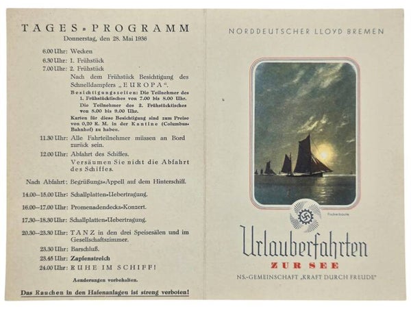 Original WW2 German KDF Document - NS Gemeinschaft Kraft durch Freude, Norddeutscher Lloyd Bremen, SS Sierra Cordoba, menu card (1936)