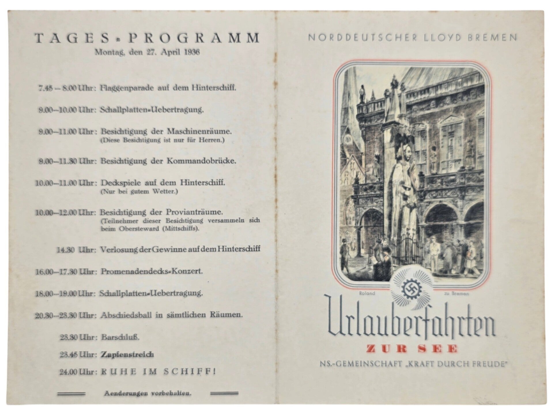 Original WW2 German KDF Document - NS Gemeinschaft Kraft durch Freude, Norddeutscher Lloyd Bremen, SS Sierra Cordoba, menu card (1936)