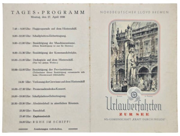 Original WW2 German KDF Document - NS Gemeinschaft Kraft durch Freude, Norddeutscher Lloyd Bremen, SS Sierra Cordoba, menu card (1936)